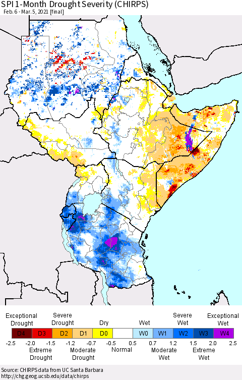 Eastern Africa SPI 1-Month Drought Severity (CHIRPS) Thematic Map For 2/6/2021 - 3/5/2021