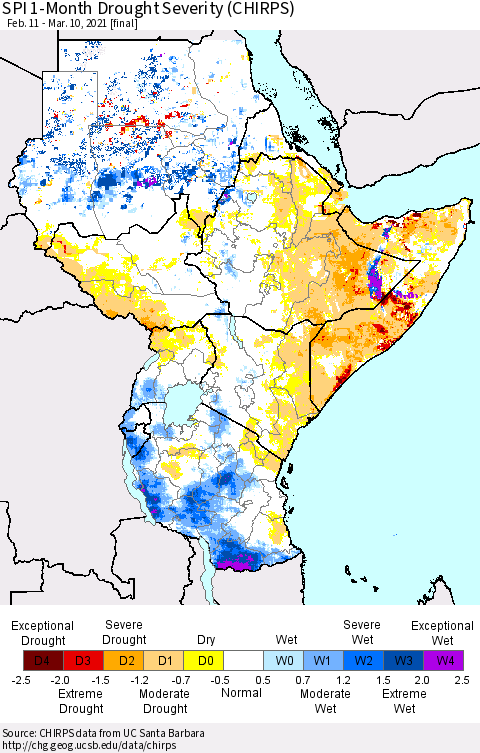 Eastern Africa SPI 1-Month Drought Severity (CHIRPS) Thematic Map For 2/11/2021 - 3/10/2021