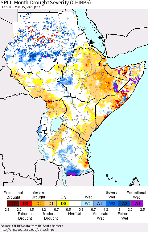 Eastern Africa SPI 1-Month Drought Severity (CHIRPS) Thematic Map For 2/16/2021 - 3/15/2021