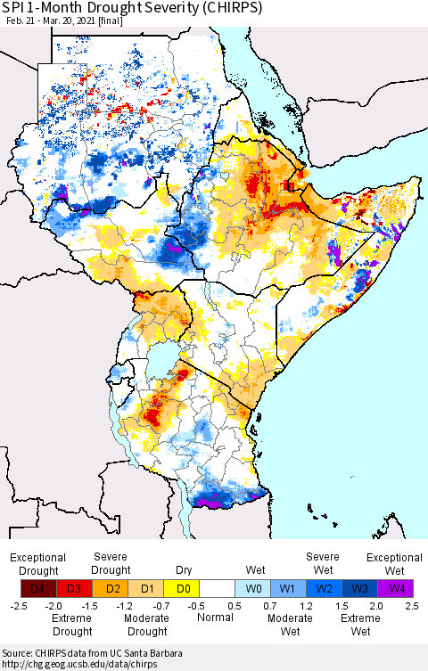 Eastern Africa SPI 1-Month Drought Severity (CHIRPS) Thematic Map For 2/21/2021 - 3/20/2021