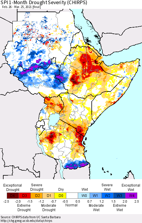 Eastern Africa SPI 1-Month Drought Severity (CHIRPS) Thematic Map For 2/26/2021 - 3/25/2021