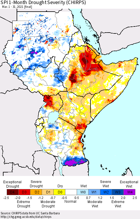 Eastern Africa SPI 1-Month Drought Severity (CHIRPS) Thematic Map For 3/1/2021 - 3/31/2021