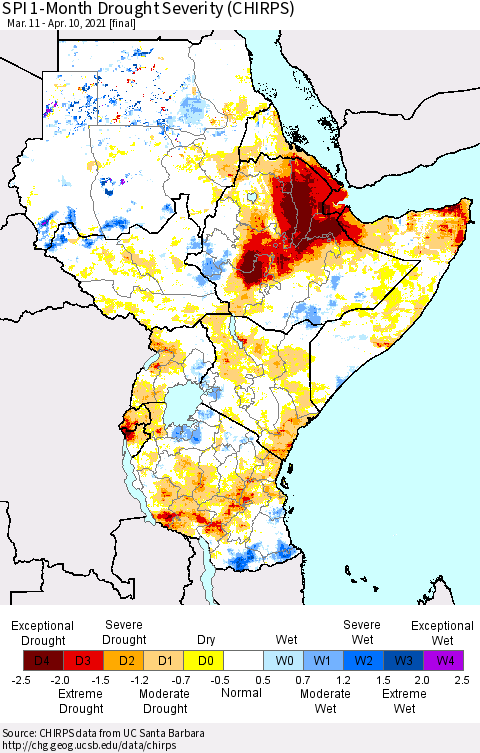 Eastern Africa SPI 1-Month Drought Severity (CHIRPS) Thematic Map For 3/11/2021 - 4/10/2021