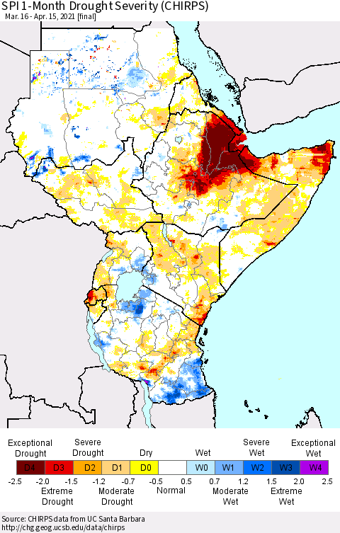 Eastern Africa SPI 1-Month Drought Severity (CHIRPS) Thematic Map For 3/16/2021 - 4/15/2021