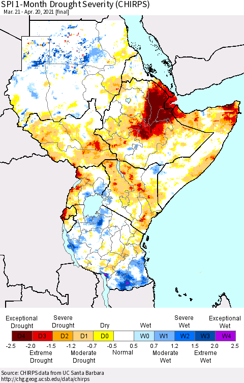 Eastern Africa SPI 1-Month Drought Severity (CHIRPS) Thematic Map For 3/21/2021 - 4/20/2021