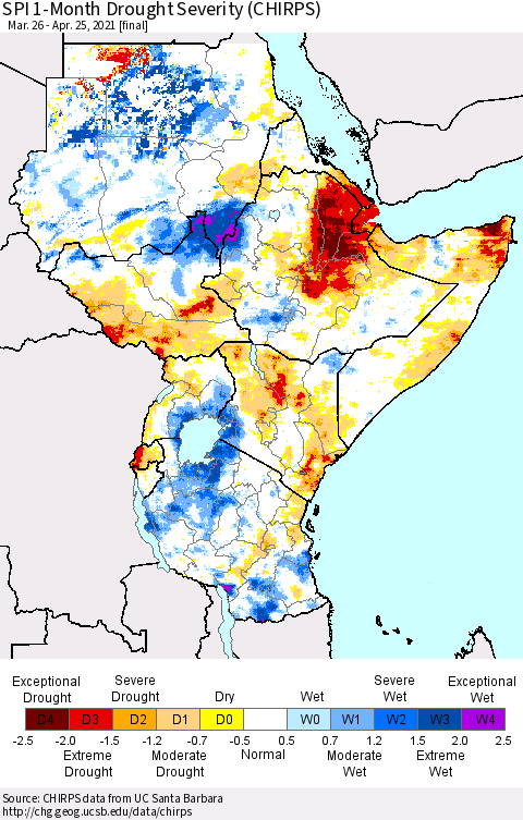 Eastern Africa SPI 1-Month Drought Severity (CHIRPS) Thematic Map For 3/26/2021 - 4/25/2021