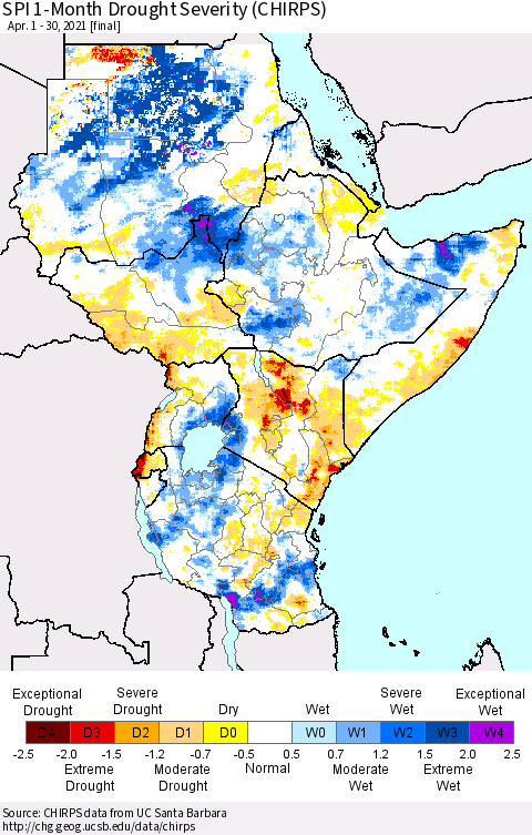 Eastern Africa SPI 1-Month Drought Severity (CHIRPS) Thematic Map For 4/1/2021 - 4/30/2021