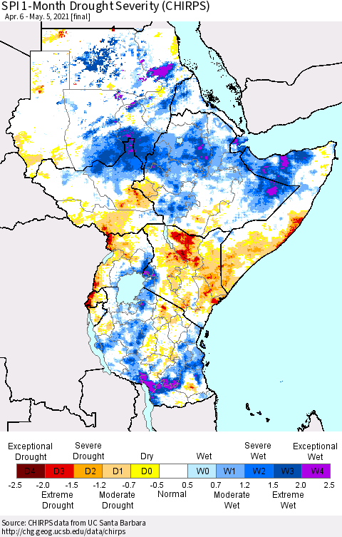 Eastern Africa SPI 1-Month Drought Severity (CHIRPS) Thematic Map For 4/6/2021 - 5/5/2021