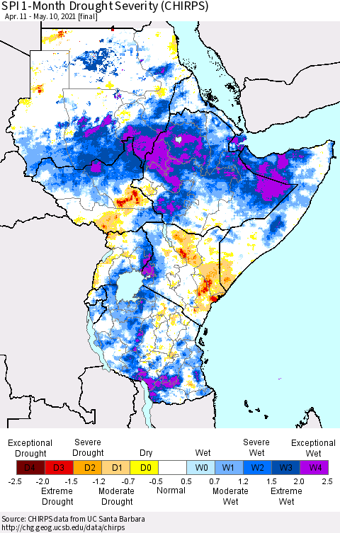 Eastern Africa SPI 1-Month Drought Severity (CHIRPS) Thematic Map For 4/11/2021 - 5/10/2021