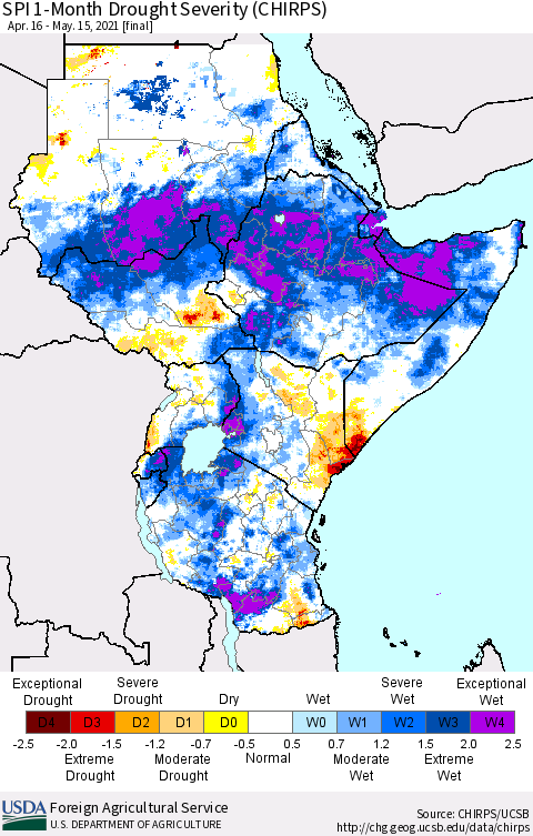 Eastern Africa SPI 1-Month Drought Severity (CHIRPS) Thematic Map For 4/16/2021 - 5/15/2021