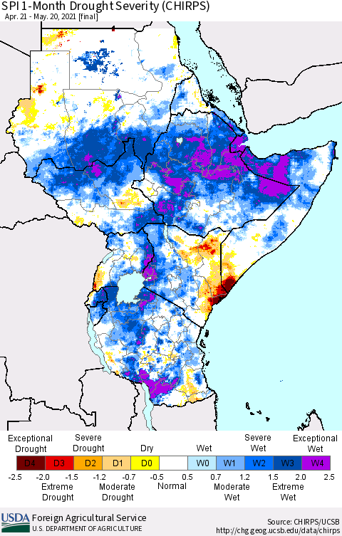 Eastern Africa SPI 1-Month Drought Severity (CHIRPS) Thematic Map For 4/21/2021 - 5/20/2021