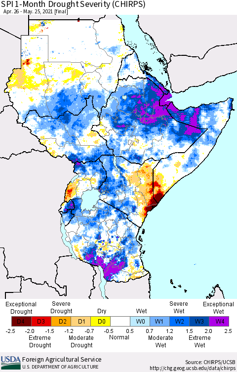 Eastern Africa SPI 1-Month Drought Severity (CHIRPS) Thematic Map For 4/26/2021 - 5/25/2021