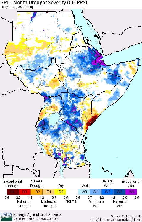 Eastern Africa SPI 1-Month Drought Severity (CHIRPS) Thematic Map For 5/1/2021 - 5/31/2021