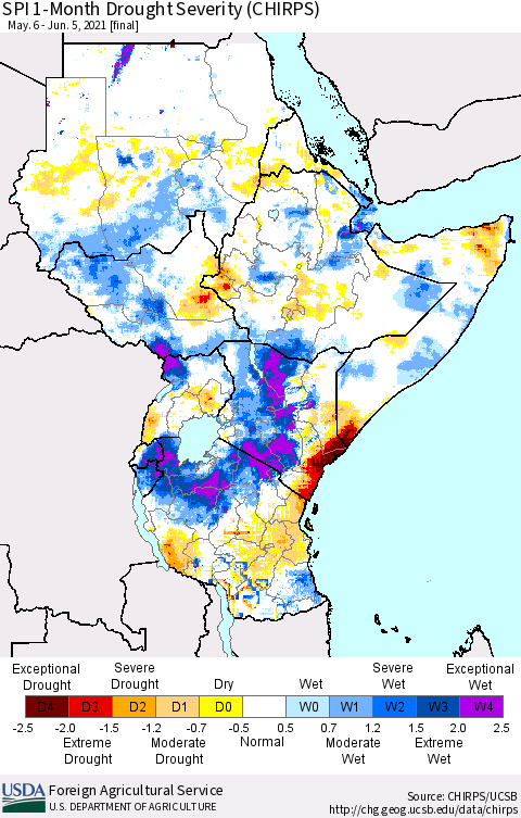 Eastern Africa SPI 1-Month Drought Severity (CHIRPS) Thematic Map For 5/6/2021 - 6/5/2021