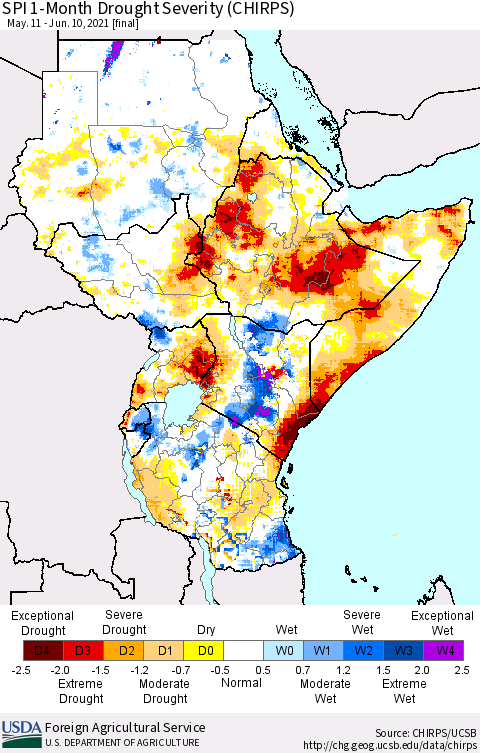 Eastern Africa SPI 1-Month Drought Severity (CHIRPS) Thematic Map For 5/11/2021 - 6/10/2021