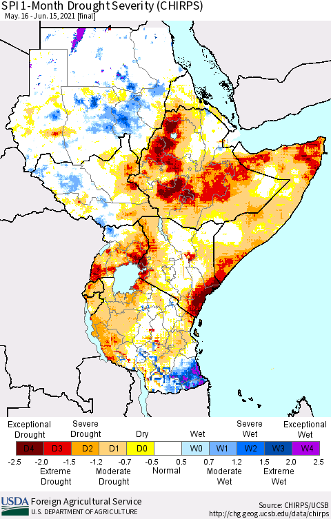 Eastern Africa SPI 1-Month Drought Severity (CHIRPS) Thematic Map For 5/16/2021 - 6/15/2021