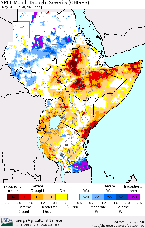 Eastern Africa SPI 1-Month Drought Severity (CHIRPS) Thematic Map For 5/21/2021 - 6/20/2021