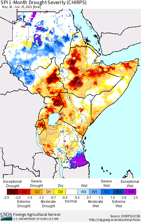 Eastern Africa SPI 1-Month Drought Severity (CHIRPS) Thematic Map For 5/26/2021 - 6/25/2021
