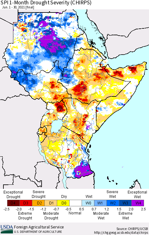 Eastern Africa SPI 1-Month Drought Severity (CHIRPS) Thematic Map For 6/1/2021 - 6/30/2021