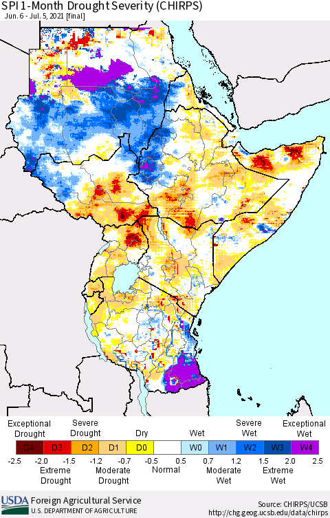 Eastern Africa SPI 1-Month Drought Severity (CHIRPS) Thematic Map For 6/6/2021 - 7/5/2021
