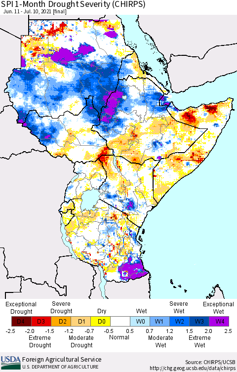 Eastern Africa SPI 1-Month Drought Severity (CHIRPS) Thematic Map For 6/11/2021 - 7/10/2021