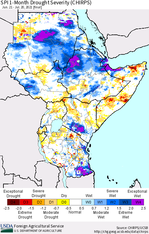 Eastern Africa SPI 1-Month Drought Severity (CHIRPS) Thematic Map For 6/21/2021 - 7/20/2021