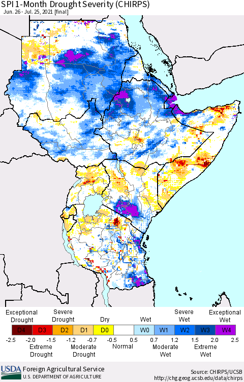 Eastern Africa SPI 1-Month Drought Severity (CHIRPS) Thematic Map For 6/26/2021 - 7/25/2021