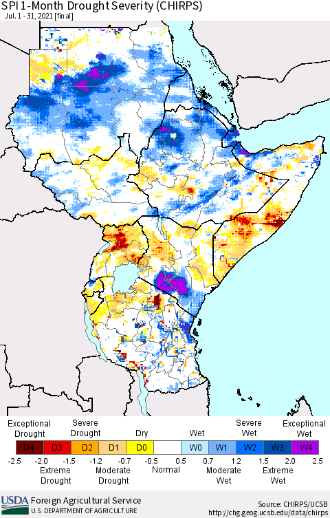 Eastern Africa SPI 1-Month Drought Severity (CHIRPS) Thematic Map For 7/1/2021 - 7/31/2021