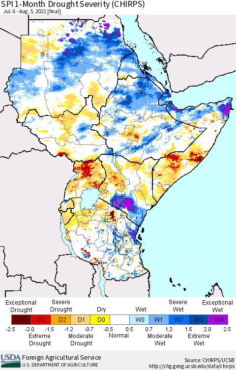 Eastern Africa SPI 1-Month Drought Severity (CHIRPS) Thematic Map For 7/6/2021 - 8/5/2021