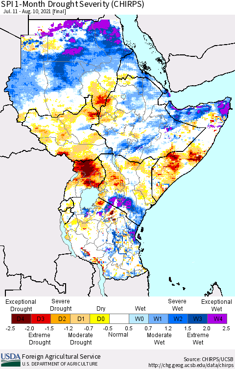 Eastern Africa SPI 1-Month Drought Severity (CHIRPS) Thematic Map For 7/11/2021 - 8/10/2021