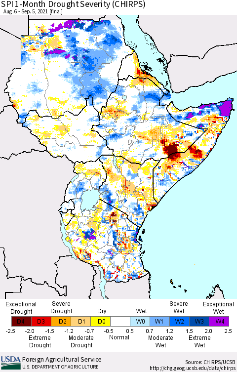 Eastern Africa SPI 1-Month Drought Severity (CHIRPS) Thematic Map For 8/6/2021 - 9/5/2021