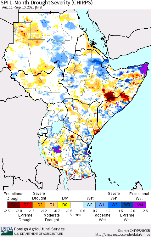 Eastern Africa SPI 1-Month Drought Severity (CHIRPS) Thematic Map For 8/11/2021 - 9/10/2021