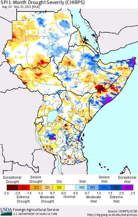 Eastern Africa SPI 1-Month Drought Severity (CHIRPS) Thematic Map For 8/16/2021 - 9/15/2021