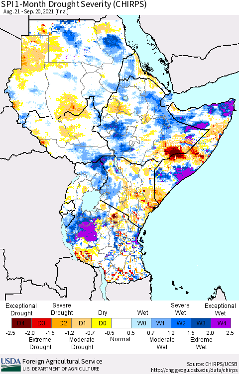 Eastern Africa SPI 1-Month Drought Severity (CHIRPS) Thematic Map For 8/21/2021 - 9/20/2021
