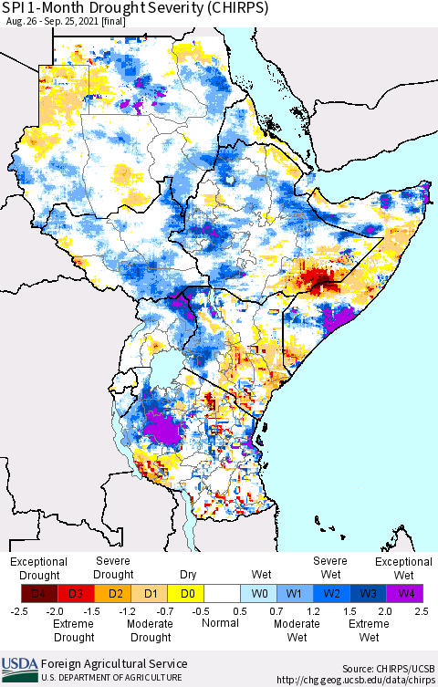 Eastern Africa SPI 1-Month Drought Severity (CHIRPS) Thematic Map For 8/26/2021 - 9/25/2021
