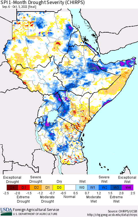 Eastern Africa SPI 1-Month Drought Severity (CHIRPS) Thematic Map For 9/6/2021 - 10/5/2021