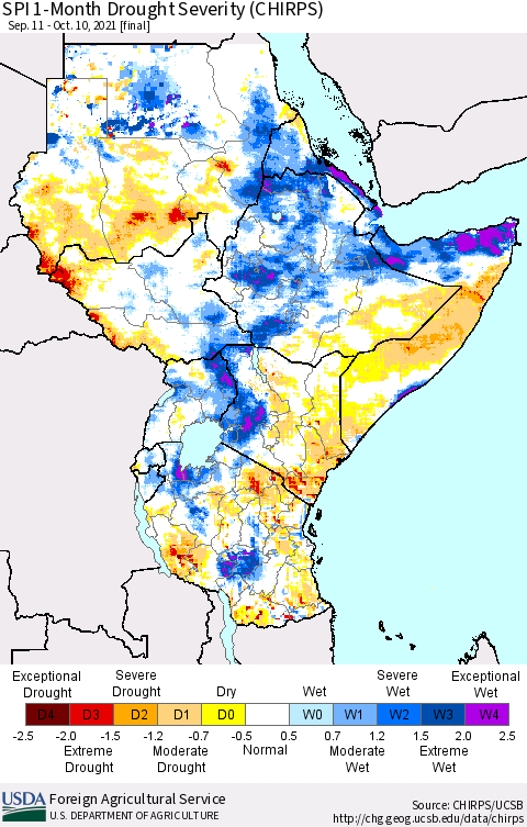 Eastern Africa SPI 1-Month Drought Severity (CHIRPS) Thematic Map For 9/11/2021 - 10/10/2021