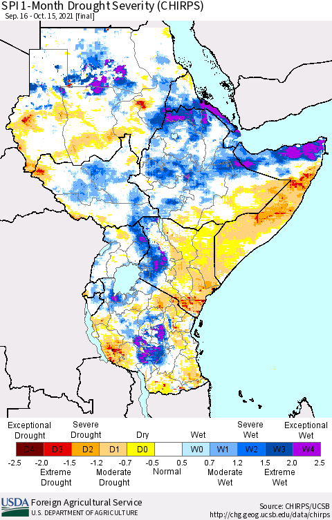 Eastern Africa SPI 1-Month Drought Severity (CHIRPS) Thematic Map For 9/16/2021 - 10/15/2021