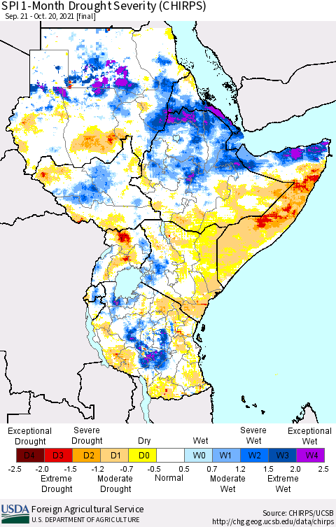 Eastern Africa SPI 1-Month Drought Severity (CHIRPS) Thematic Map For 9/21/2021 - 10/20/2021