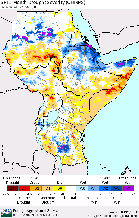 Eastern Africa SPI 1-Month Drought Severity (CHIRPS) Thematic Map For 9/26/2021 - 10/25/2021