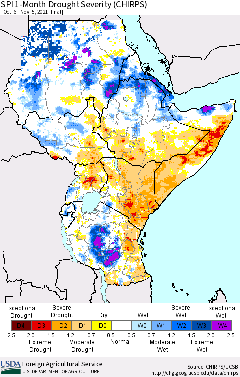 Eastern Africa SPI 1-Month Drought Severity (CHIRPS) Thematic Map For 10/6/2021 - 11/5/2021