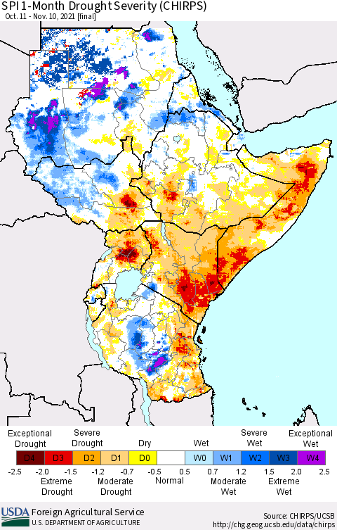 Eastern Africa SPI 1-Month Drought Severity (CHIRPS) Thematic Map For 10/11/2021 - 11/10/2021