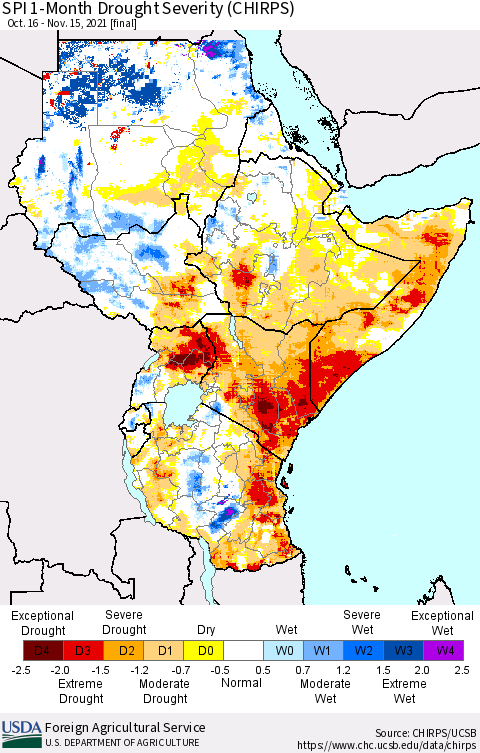 Eastern Africa SPI 1-Month Drought Severity (CHIRPS) Thematic Map For 10/16/2021 - 11/15/2021