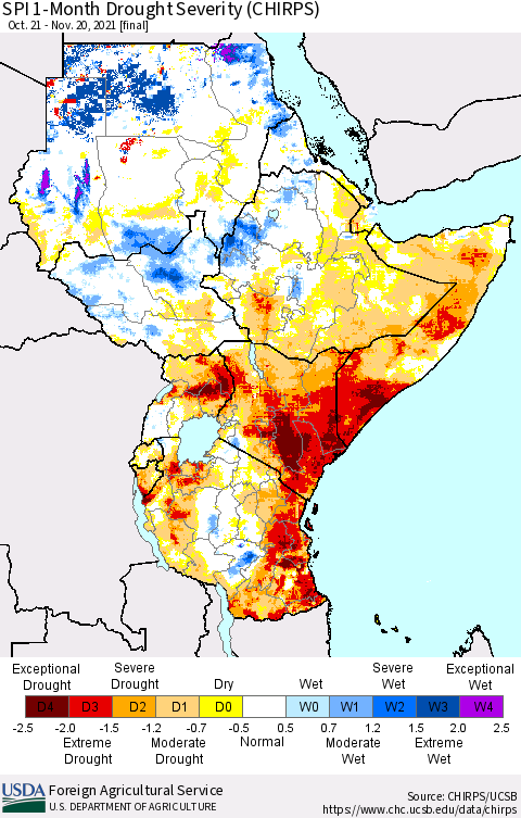 Eastern Africa SPI 1-Month Drought Severity (CHIRPS) Thematic Map For 10/21/2021 - 11/20/2021