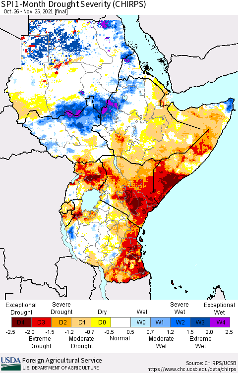Eastern Africa SPI 1-Month Drought Severity (CHIRPS) Thematic Map For 10/26/2021 - 11/25/2021