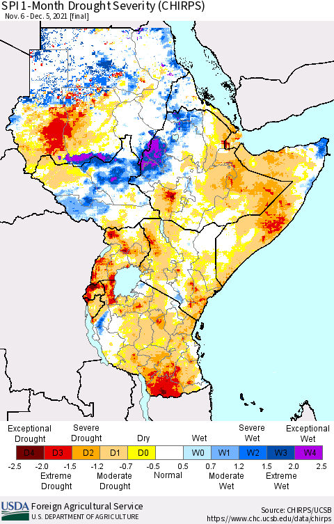 Eastern Africa SPI 1-Month Drought Severity (CHIRPS) Thematic Map For 11/6/2021 - 12/5/2021