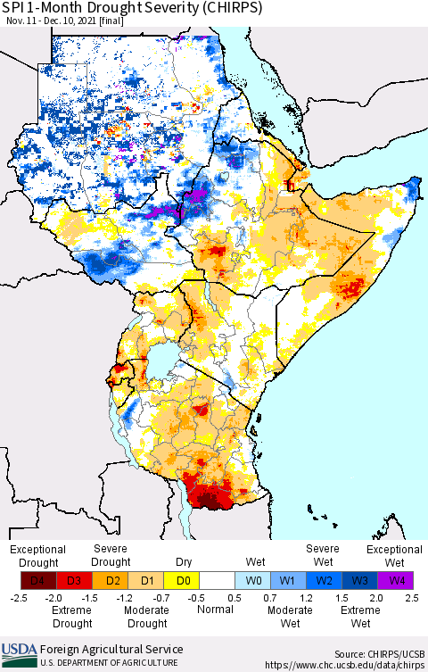 Eastern Africa SPI 1-Month Drought Severity (CHIRPS) Thematic Map For 11/11/2021 - 12/10/2021