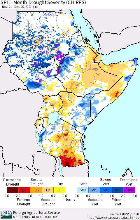 Eastern Africa SPI 1-Month Drought Severity (CHIRPS) Thematic Map For 11/21/2021 - 12/20/2021