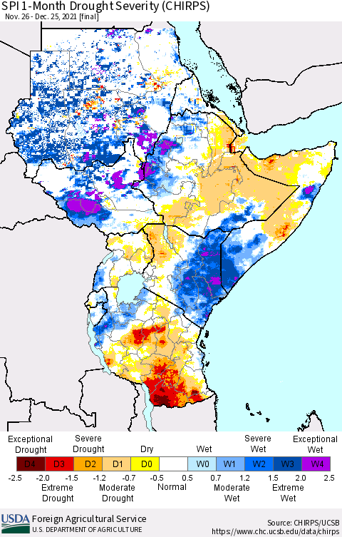 Eastern Africa SPI 1-Month Drought Severity (CHIRPS) Thematic Map For 11/26/2021 - 12/25/2021