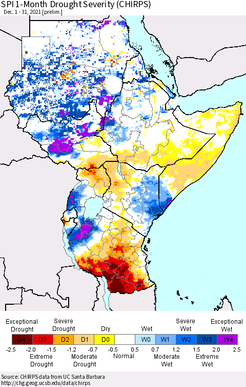 Eastern Africa SPI 1-Month Drought Severity (CHIRPS) Thematic Map For 12/1/2021 - 12/31/2021